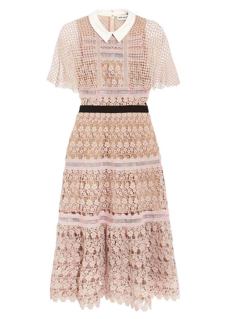Self-Portrait Blush Lace Midi Dress with White Collar and Black Waist